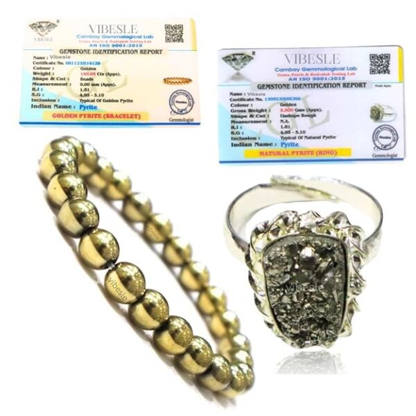 DVISHA Combo of Original Pyrite Ring with Adjustable Size Bracelet With Lab Certificate, Attarct Wealth and Prosperity Certified Gemstone golden beads natural healing crystal jewelry for Women & Men