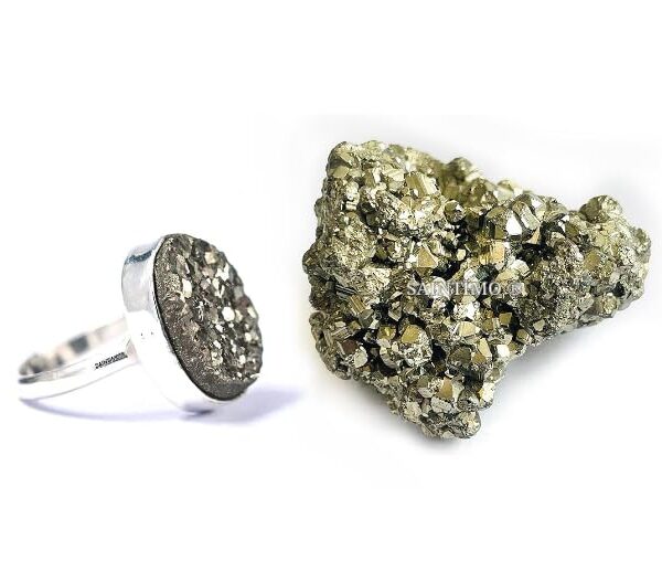 SAINTIMO ® Certified Original Pyrite Stone Cluster - With Natural, Energized Golden Pyrite Ring for Healing, Willpower, Money manifestation, Vastu, and Business - 50 to 90 GM