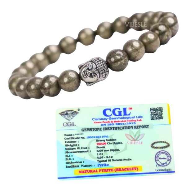 VIBESLE Original Certified Pyrite Stone Bracelet with Lab Certificate for Unisex Adult with Buddha Natural Energised Stone Bracelet for Healing, Willpower, Money, Protection, and Business - 8MM Bead