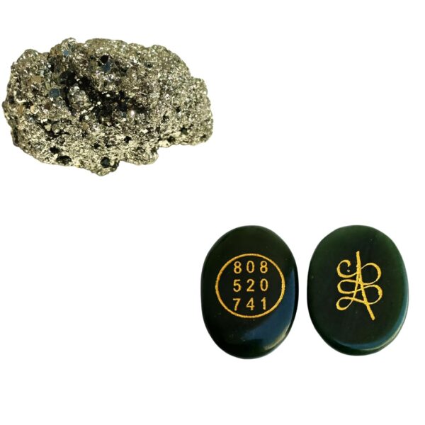 ZUBY CRYSTALS Pyrite Stone Original Healing Stones, Spiritual Gem for Crystals, Tarot, Numerology, Astrology, Palmistry (Pyrite + Green Jade Zibu Symbol)