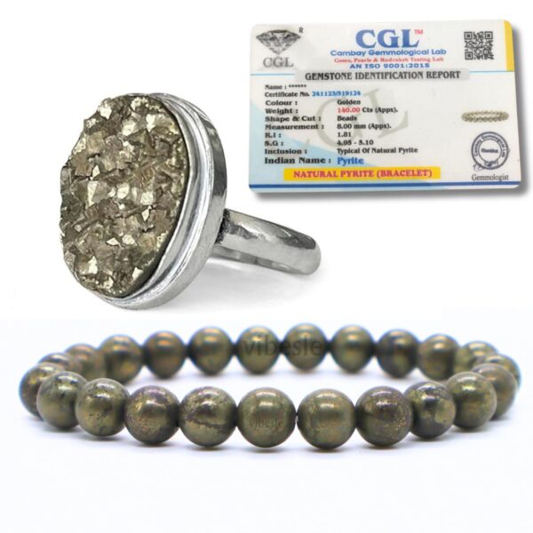 VIBESLE Combo Original Pyrite Bracelet With Lab Test Certificate and Natural Pyrite Stone Ring For Men Women - Certified Pirate Crystal Ring for Money, Abundance, Wealth, Success and Prosperity