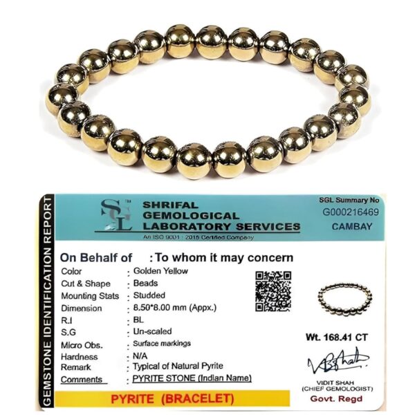 Sukhad Golden Pyrite Stone Bracelet with Lab Certificate for Men and Women - Natural Energised Healing, Willpower, Money, Protection, Wealth and Business - 8MM Bead(Py-029CT)