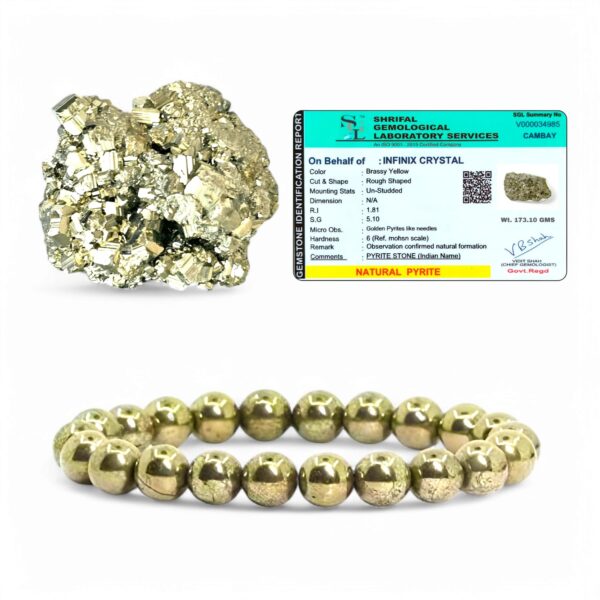 INFINIX CRYSTAL Pyrite Stone Original Cluster & Certified Pyrite Bracelet - 150 to 200 Grams Brassy Golden Pyrite Crystal - Real Pirate Crystal for Reiki, Healing & Vastu (Combo Pack)