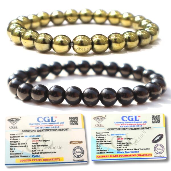 VIBESLE Unisex-Adult Combo of Golden Pyrite Stone Bracelet and Black Tourmaline Bracelet With Lab Test Certificate,Crystal Attracts Business Luck Protective Energy Wealth Finance,Money Magnate Piride