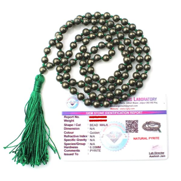 Remedywala Certified Natural Crystal Golden Pyrite mala Natural Crystal Stone 6 mm 108 Beads Jap Mala for Meditation, Pooja, Chanting, Wearing/Golden Pyrite mala 108 Beads Original