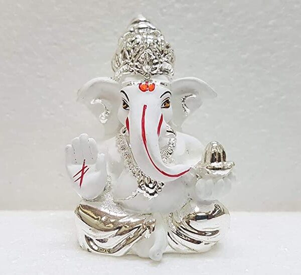 Gold Art India White Plated Mukut appu Ganesh Idol For Car Dashboard Ganesha Murti Ganpati Idol For Home Decor Puja Lord Ganesh Statue Gift For Office Desk Puja Room Figurine