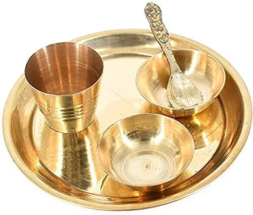 SVDK Laddu Gopal Bhog Thali Set |Pure Brass Traditional 5-Piece Pooja Plate with 1 Brass Thali, 2 Small Katoris, 1 Mini Glass & 1 Spoon | Premium Worship Utensil Set for Aarti & Festive Puja