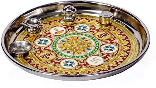 RSN Stainless Steel Pooja Thali for Home and Temple with Deepak, Small Bowl, Incense Sticks Stand, Small Steel Jar (Multicolour, Standard)