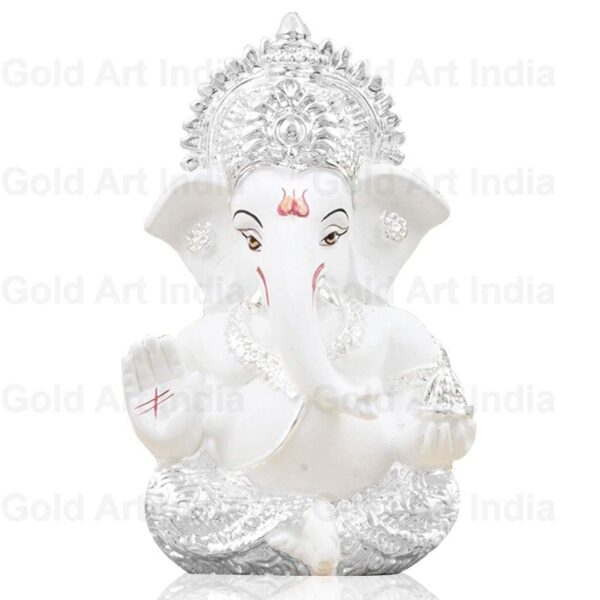 Gold Art India Silver Finish Ganesh Idol For Car Dashboard Ganesha Murti Ganpati Idol For Home Decor Puja Lord Ganesh Statue Gift For Office Desk Puja Room Figurine
