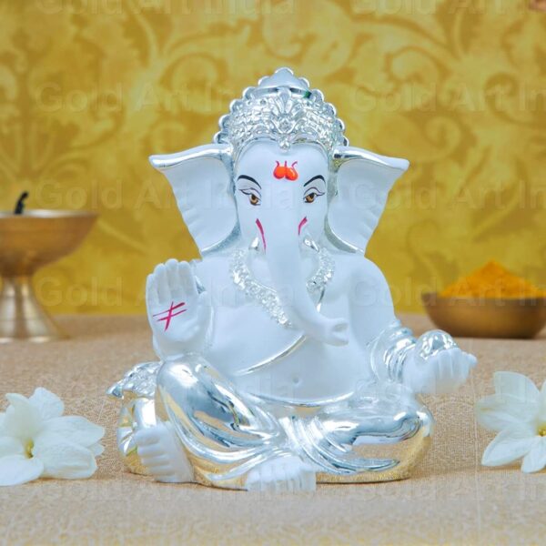 Gold Art India Silver Plated White Gaddi Ganesha 8X6X5 Cm Ganesh Idol for Car Dashboard Small Ganesha Murti Ganpati Idol for Home Decor Puja Lord Ganesh Statue Gift for Office Desk Puja Room Figurine