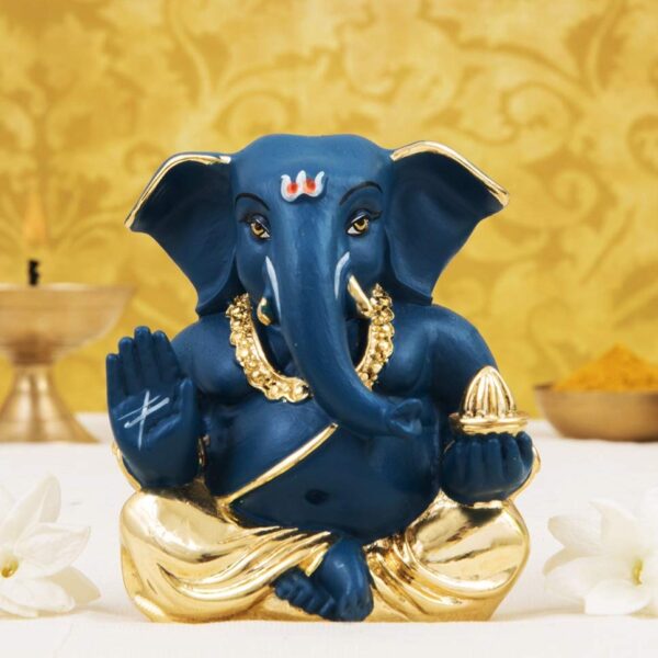 Gold Art India Car Dashboard Idol, 7 x 4 x 6 cm, Gold Dark Blue Ganesh Idol for Car Dashboard Ganesha Murti Ganpati Idol for Home Decor Puja Lord Ganesh Statue Gift for Office Desk Puja Room Figurine