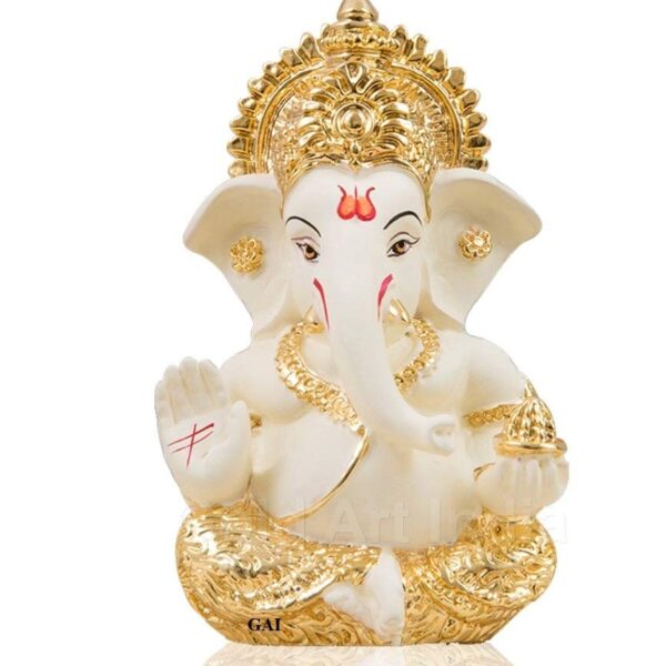 Gold Art India Ganesha Gold Plated Idol for Car Dashboard Ganesha Murti Ganpati Idol for Home Decor Puja Lord Ganesh Statue Gift for Office Desk Puja Room Figurine (Gold and Cream)
