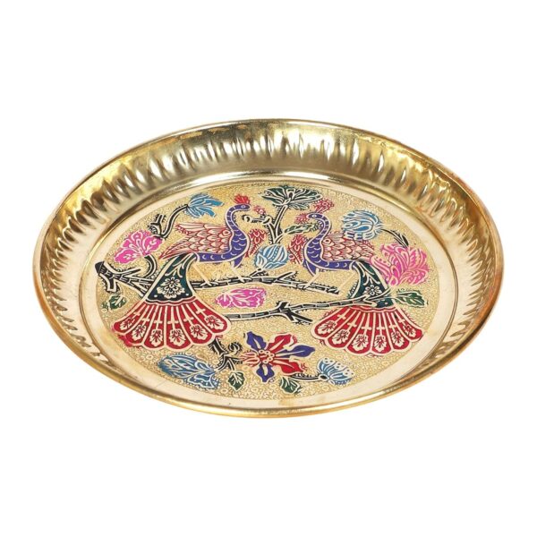 DOKCHAN Pure Brass Peacock Thali | Designer Plate | Premium Pooja Thali (Size - 5 Inches)