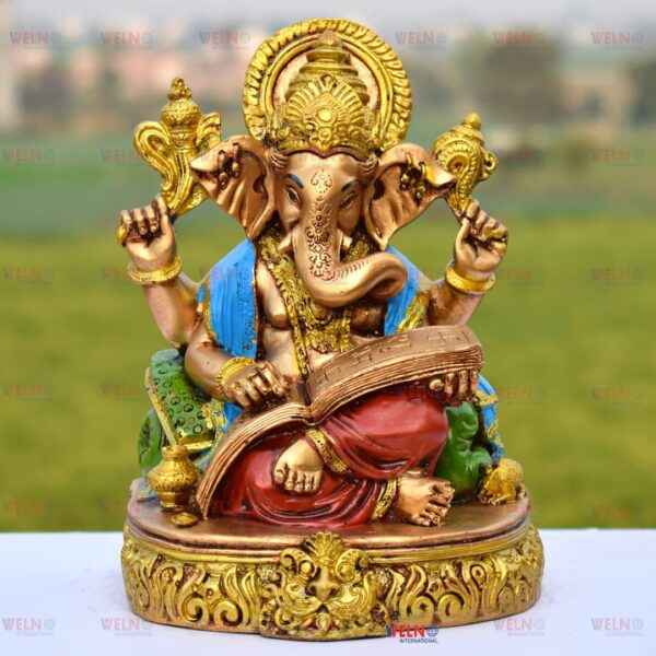 MARK INDIA Big Size Ganesha Reading Ramayana Statue Hindu God Ganesha Sitting Idol for Home Decor & Office
