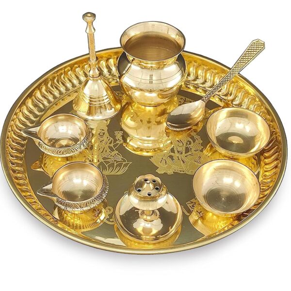 BENGALEN Pooja Thali Set Brass Puja Thali Pital 8 Inch With Accessories Kuber Diya Ghanti Kalash Spoon Bowl Agarbatti Stand For Diwali Gifts Home Office Wedding Gift Items, 500 ml
