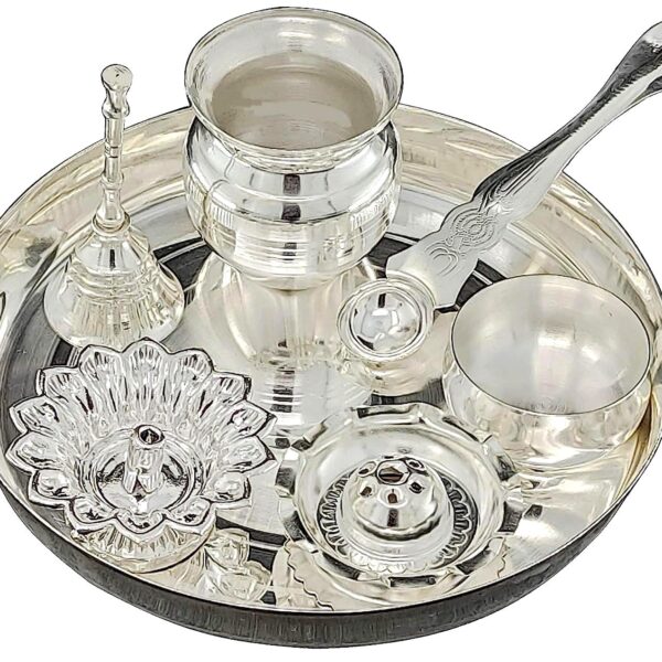BENGALEN Silver Plated Pooja thali Set 7 Inch Festival Ethnic Puja Thali Items for Diwali Daily Home Mandir Office Wedding Return Gift