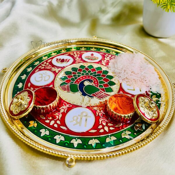 Trendifly Meenakari Peacock Decorative Pooja Rakhi Thali Set with Kumkum Chandan Haldi Holder | Gold Plated Peacock Puja Thali for Home Mandir Temple | Diwali Pooja Wedding Return Gift Favors