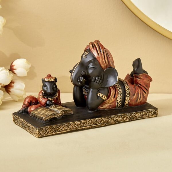 Karigaari India Lord Ganesha Showpiece Idol Murti Reading Book with Mouse, Ganeshji Decorative Religious Showpiece for Home Decor, Pooja Room, Temple & House Warming Gift