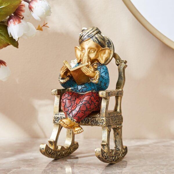 Karigaari India Artistic Ganesha Showpiece for Home Decor - Elegant Polyresin Ganesh Idol on Chair - Adds Wisdom & Positive Vibes to Any Space - Perfect Housewarming Gift