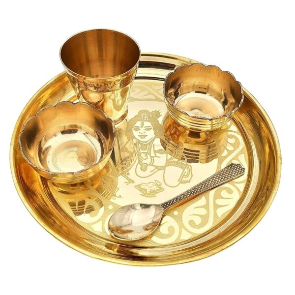 BENGALEN Pooja Thali Set Brass Small 7 Inch Laddu Gopal Bhog Thali for Janmashtami Decoration Puja Item Festival Puja Krishna Bhog Thali Set for Home Office Mandir Return Gift Items