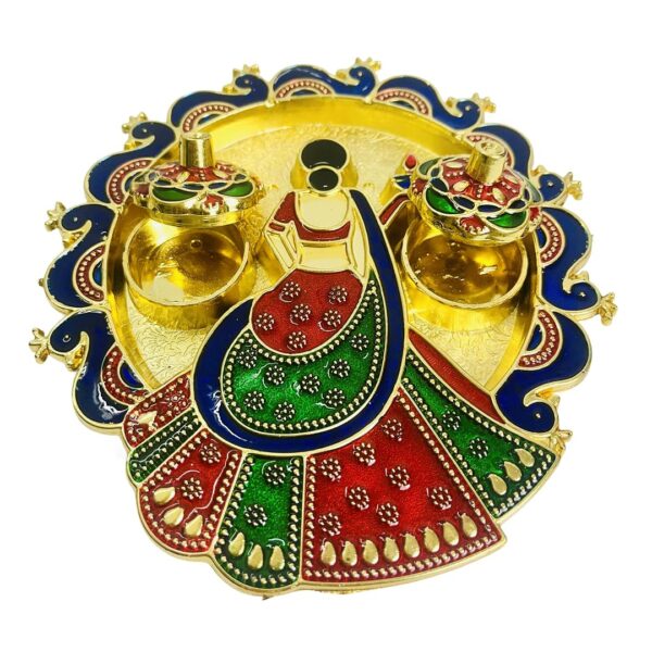 Trendifly Handcrafted Meenakari Decorative Rakhi Pooja Thali Set with Kumkum Chandan Haldi Holder | Gold Plated Multicolor Puja Thali for Home Mandir Temple | Diwali Pooja Wedding Return Gift