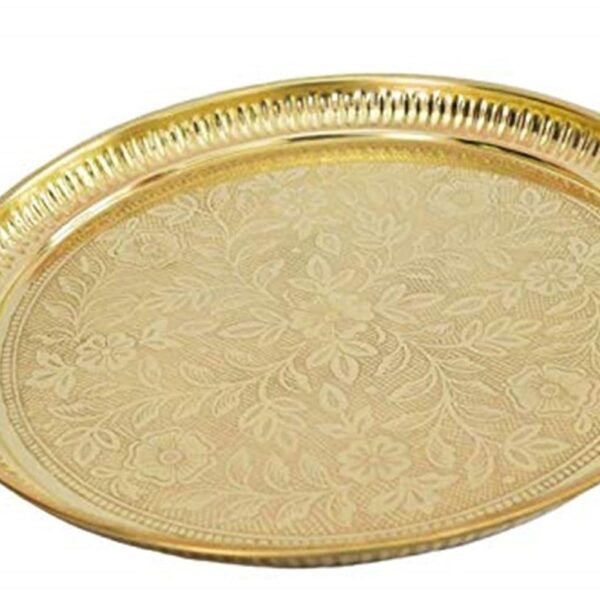 Skywalk Handmade Brass Puja Thali with Flower Embossed Design (Gold, 8 Inch)