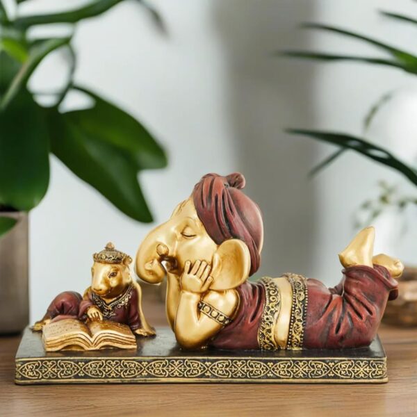 Karigaari India Lord Ganesha Reading Book with Mouse, Ganeshji Murti Idol Decorative Religious Showpiece for Home Decor, Pooja Room, Temple & House Warming Gift