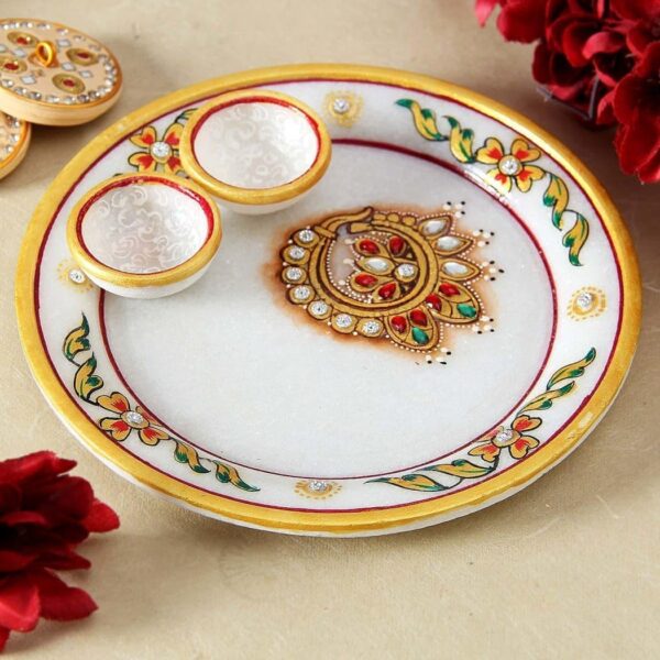 Artyog Marble Pooja Thali (15.3 cm x 15.3 cm x 2.55 cm) Multicolour
