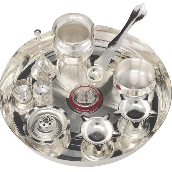 BENGALEN Pooja thali Set Silver Plated with 8 Inch Plate Bowl Agarbatti Stand Palli Kalash Diya Kumkum Holder Coin Puja Thali for Home Mandir Office Wedding Return Diwali Gift Items