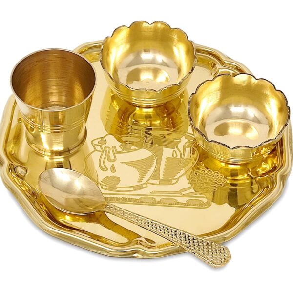 BENGALEN Pooja Thali Set Brass Very Small 6 Inch Designed Laddu Gopal Bhog Thali Set for Kanha Janmashtami Decoration Puja Item Festival Puja Krishna Bhog Set for Home Office Mandir Return Gift Items