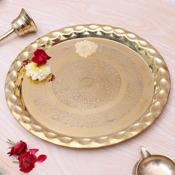 Two Moustaches 13 Inches Floral Carved Design Brass Round Pooja Thali, Pooja Thali for Home Temple, Designer Aarti Thali, Thali for Bhog, Brass Pooja Plate, Golden, Pack of 1