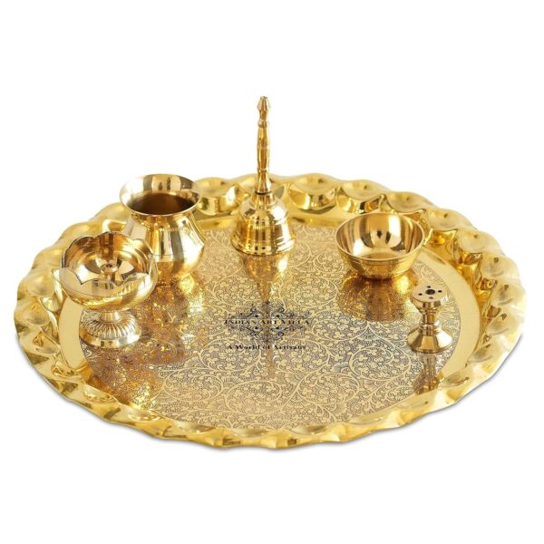 INDIAN ART VILLA Pure Brass Pooja Thali Set with Floral Vines Embossed Design, Religious Spiritual Item, Home Temple, DIameter-10.1" Inch