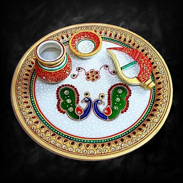 Handicraft Kingdom Aarti Thali for Pooja | Exquisite Marble Puja Plate with Attached Diya, Sindur Dani & Lota- Traditional Rajasthani Kundan Studded, Hand Painted Set (9 Inch, Multicolour)