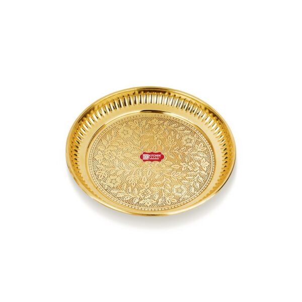 Kitchen Expert Small Brass Plate | 10cm|Pooja Thali | Engraved Flower Design | Ideal for Puja/Prasad/Dia | Mandir Plate | Handcrafted Dia Plate