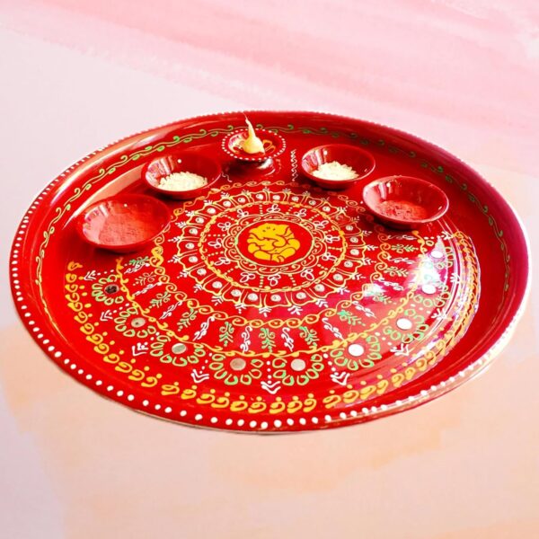 SKSM METALS Decorative Big Size Steel Pooja Thali Set Four Vati with 1 Diya Holder.[12 Inch]