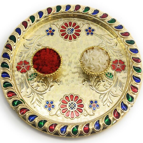 Sau Rang India Meenakari Puja thali for Rakhi & Bhai Dooj | Plastic Pooja Thali in Gift Box | Decorative Thali for Tikka, Festivals & Return Gifts