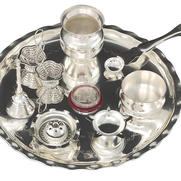 BENGALEN Silver Plated Pooja thali Set 9.5 Inch with Plate Kalash Palli Diya Kumkum Holder Bowl Dhup Dan Coin Ghanti Puja Thali for Diwali Home Mandir Office Wedding Return Gift Items