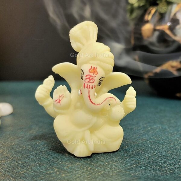 Gold Art India Pagdi Ganesha Idol Ivory Ganesh Idol for Car Dashboard Ganesha Murti Ganpati Idol for Home Decor Puja Lord Ganesh Statue Gift for Office Desk Puja Room Figurine