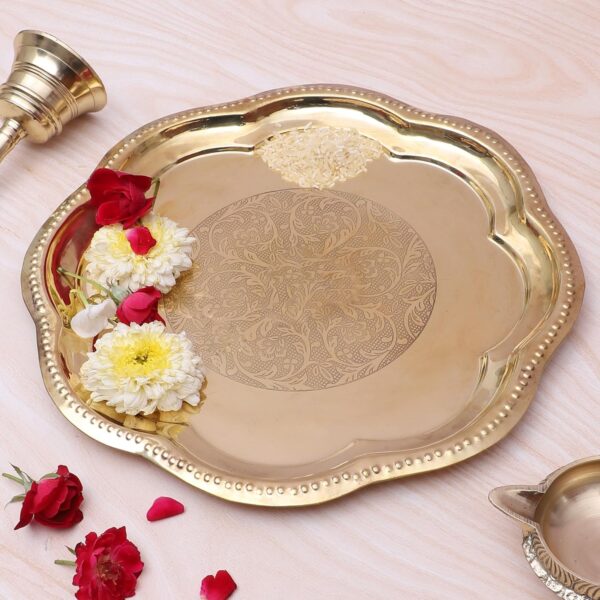 Two Moustaches 11 Inches Ethnic Carved Brass Puja Thali, Traditional Pooja Aarti Thali for Home Temple, Brass Pooja Thali, Gifts for Puja Ceremony, Housewarming Gifts, Pooja Plate, Golden, Pack of 1