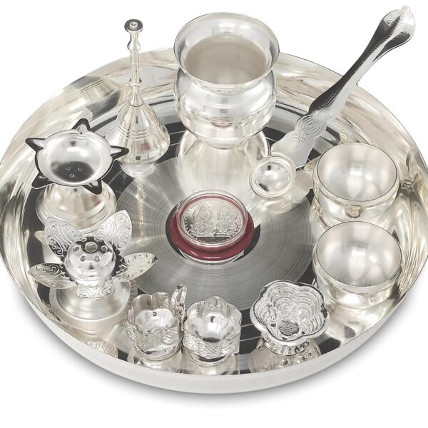 BENGALEN Silver Plated Pooja thali Set with 8 Inch Plate Kalash Bowl Agarbatti Stand Palli Diya Kumkum Stand Coin Ghanti Puja Thali for Diwali Home Mandir Office Wedding Return Gift Items