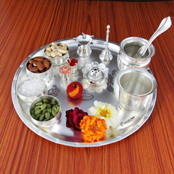GoldGiftIdeas 12 Inch Sarovar Silver Plated Pooja Thali Set, Pooja Thali Decorative, Diwali Pooja Thali Set for Home, Pooja Itmes for Gift,