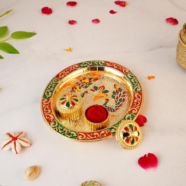 Click Pujan Decorative Thali Medium (6 Inch) | for Aarti, Hawan, Lakshmi Poojan | Diwali/Navratri/Karwa Chauth/Raksha Bandhan/Wedding Rituals | Religious Ceremonies, Gold