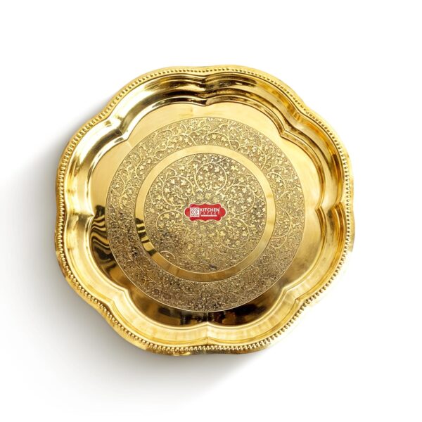 Kitchen Expert Small Brass Plate | 15cm | Pooja Thali | Engraved Flower Design | Ideal for Puja/Prasad/Dia | Mandir Plate | Handcrafted Dia
