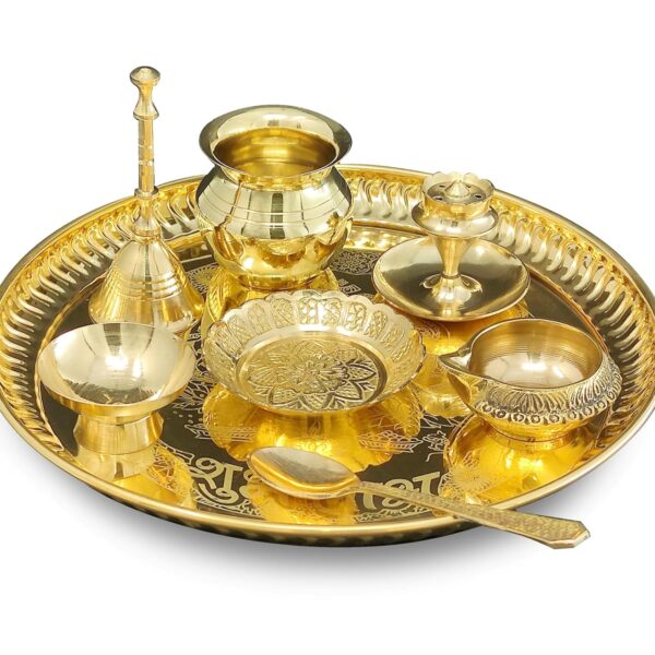 BENGALEN Brass Puja thali Set 8 Inch with Pital Plate Dhup Dan Kalash Spoon Ghanti Bowl Kuber Diya Kangura Plate Pooja Thali for Diwali Home Mandir Office Wedding Return Gift Items