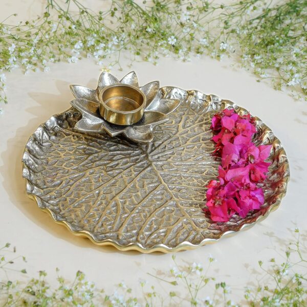 BEHOMA Metal Lotus Tray with Tea-Light Holder for Home Decor | Round Pooja Thali for Temple, Janmashtami, Ganesh Chaturthi & Navratri Pooja & Deepawali Decoration | Gold, Large 1 pc, Dia: 25.5 cm.