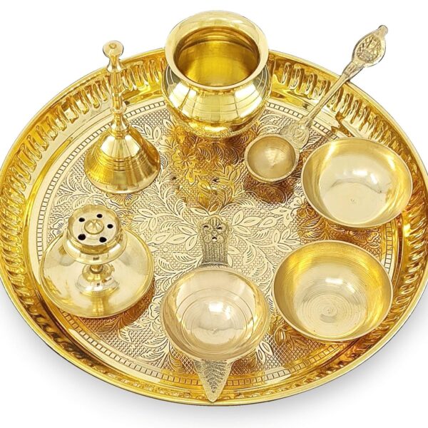 BENGALEN Brass Puja Thali Set 8 Inch Pooja Thali with Pital Design Plate Kalash Chandan Wati Dhup Dan Diya Ghanti Palli Arti Thali for Diwali Home Office Mandir Wedding Return Gift Items