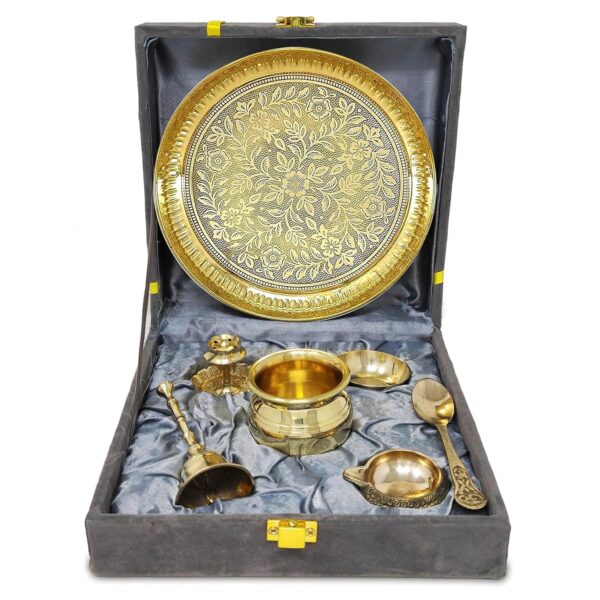 BENGALEN Brass Pooja Thali Set with Grey Gift Box Very Small 6 Inch Pital Plate Kalash Spoon Chandan Wati Dhup Dan Kuber Diya Ghanti Puja Arti Thali for Diwali Home Office Mandir Wedding Return Gifts