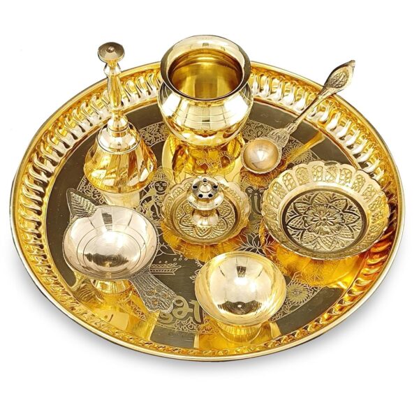 BENGALEN Brass Puja Thali Set 8 Inch Pooja Thali with Pital Plate Kalash Kangura Plate Palli Diya Ghanti Dhup Dan Chandan Wati Arti Thal for Diwali Home Office Mandir Wedding Return Gift Items