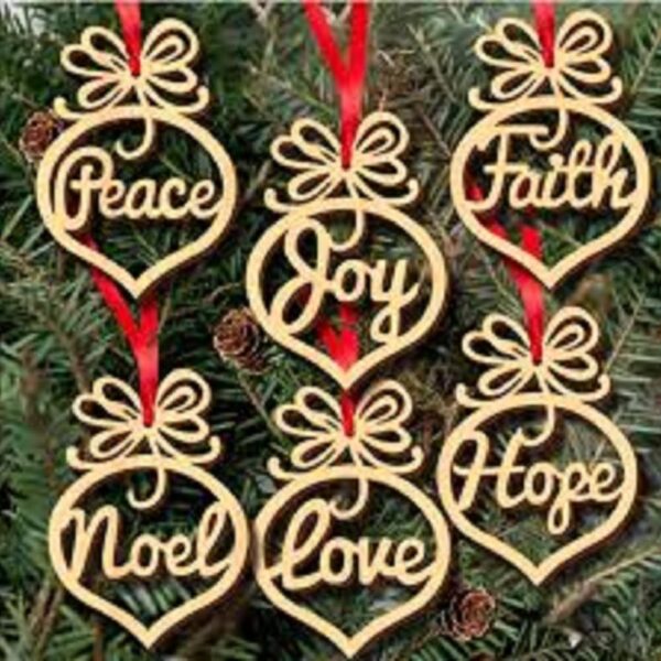eCraftIndia Christmas Hanging Ornaments Wooden Cutouts Faith Joy Hope Love Peace Noel, Set of 6 | Christmas Tree Decoration Items | Xmas Decorations Items Props for Home Office Church