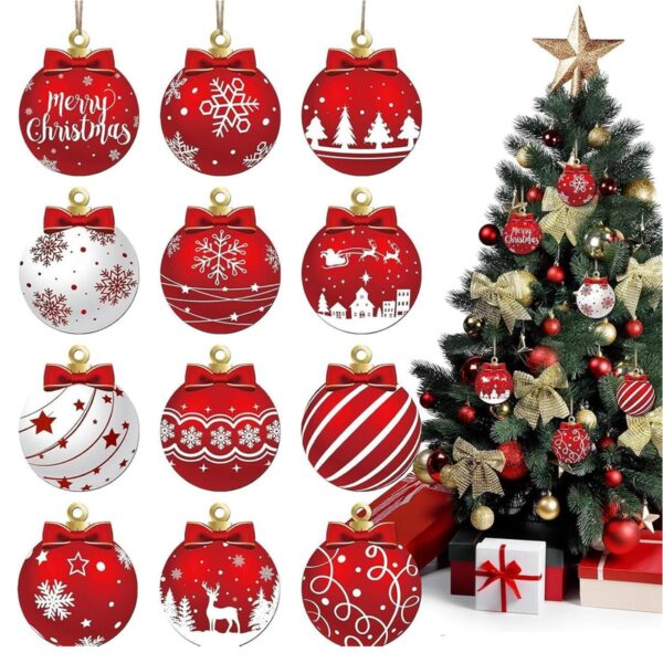 HASTHIP® Christmas Decorations Wooden Ornaments, 12Pcs Red Hanging Christmas Tree Decoration Items with Snowflake Pattern, Wood Baubles for Xmas Tree & Holiday Room Decor (Not Balls, Flat Wood)
